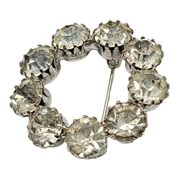 Large Silver Toned Clear Rhinestone Wreath Circle Brooch Vintage 1.5" - Picture 2 of 4